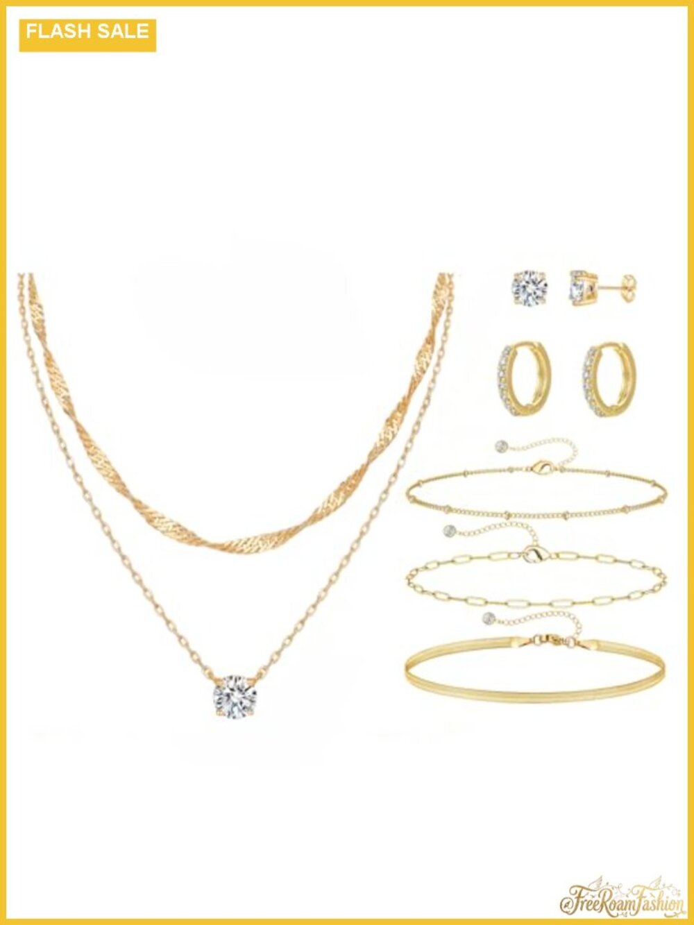 7 Piece Layered Necklace Set 14K Gold Plated with Earrings and Bracelets